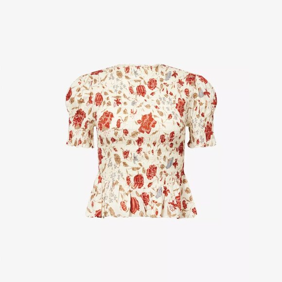 Reformation Aggie Magnolia Puff Sleeve Smocked Peplum Top Size Small NWT - Picture 3 of 16